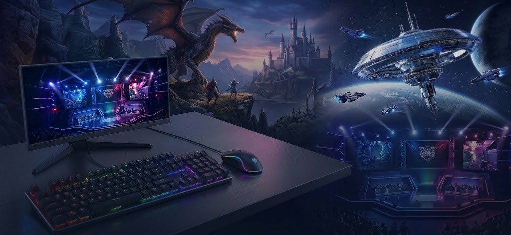 Banner hero bertema game online dengan ilustrasi naga, pesawat luar angkasa, arena esports, dan setup gaming meja.